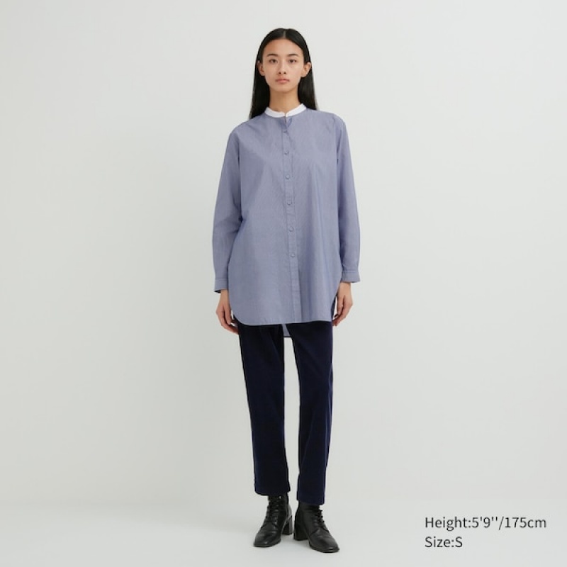 Uniqlo Bomulds Silk Long-Sleeve Tunic Skjorte Dame Blå | 9281-GRAVK