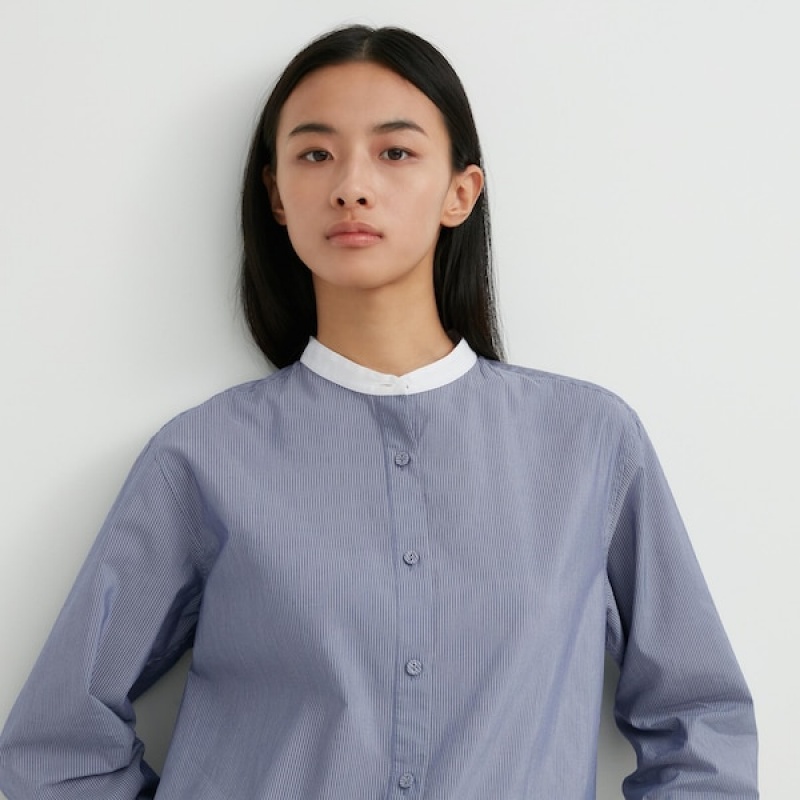 Uniqlo Bomulds Silk Long-Sleeve Tunic Skjorte Dame Blå | 9281-GRAVK