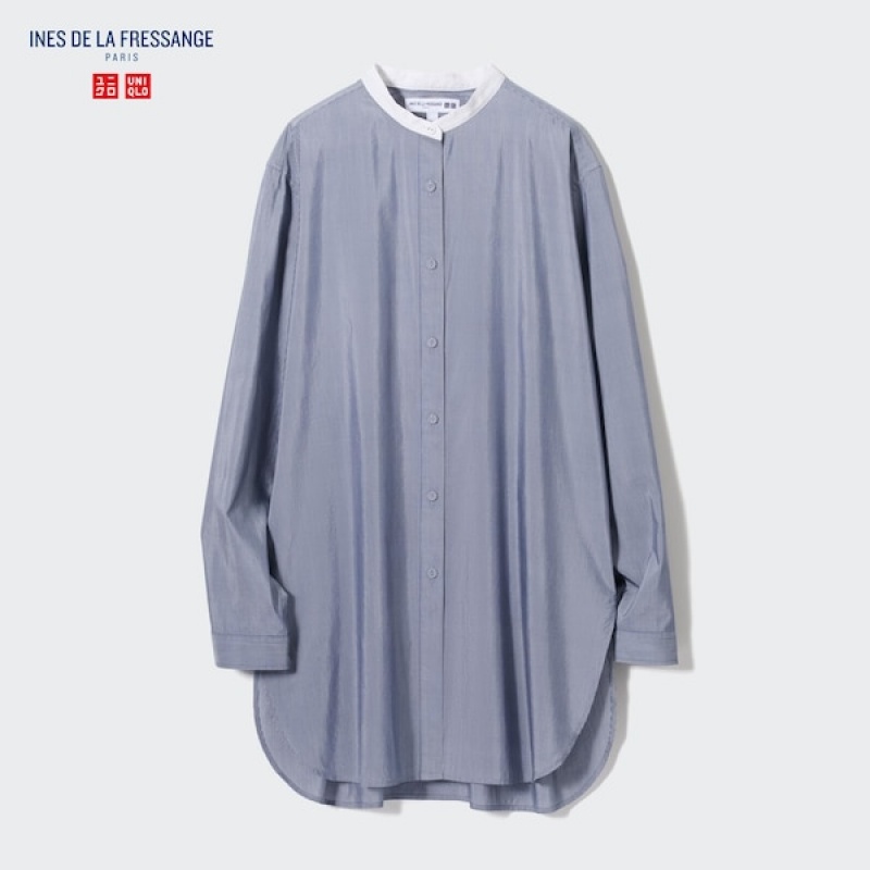 Uniqlo Bomulds Silk Long-Sleeve Tunic Skjorte Dame Blå | 9281-GRAVK