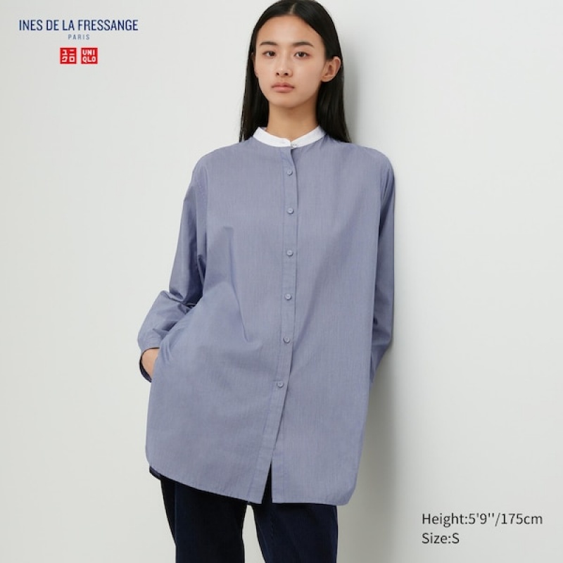 Uniqlo Bomulds Silk Long-Sleeve Tunic Skjorte Dame Blå | 9281-GRAVK