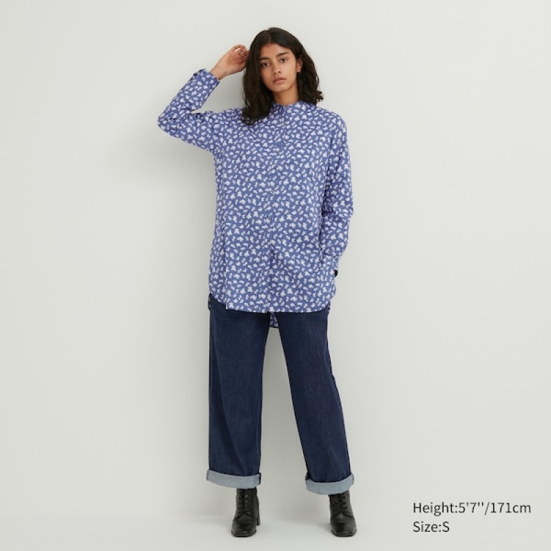 Uniqlo Bomulds Silk Long-Sleeve Tunic Skjorte Dame Blå | 6739-XNKWJ