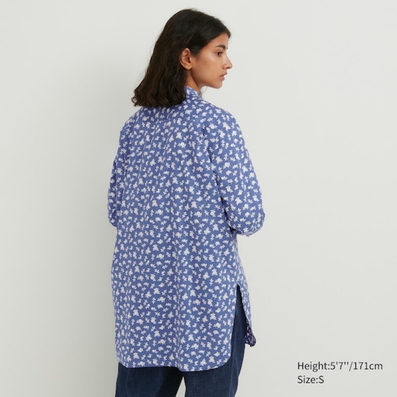 Uniqlo Bomulds Silk Long-Sleeve Tunic Skjorte Dame Blå | 6739-XNKWJ