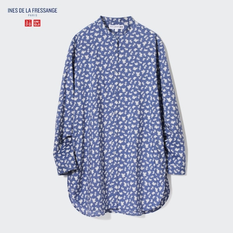 Uniqlo Bomulds Silk Long-Sleeve Tunic Skjorte Dame Blå | 6739-XNKWJ