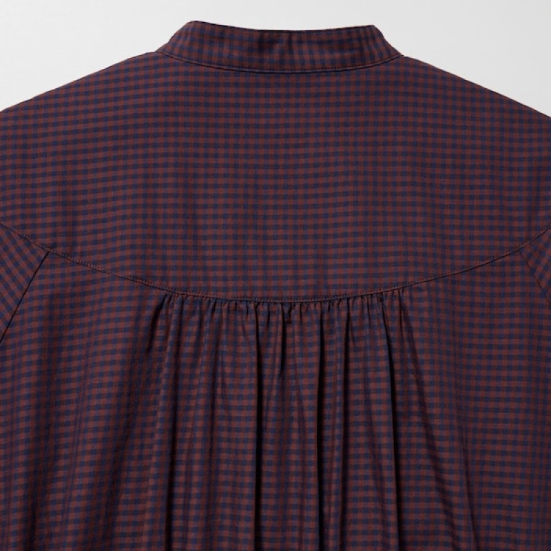 Uniqlo Bomulds Twill Checked Volume Sleeve Long Kjole Dame Brune | 1572-AOQPN