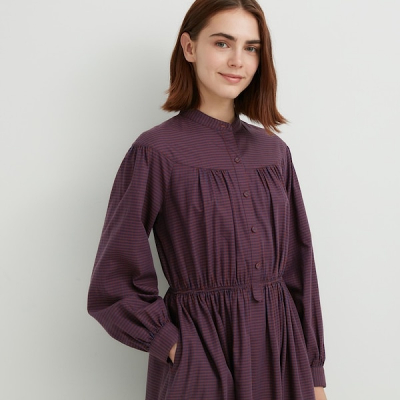 Uniqlo Bomulds Twill Checked Volume Sleeve Long Kjole Dame Brune | 1572-AOQPN