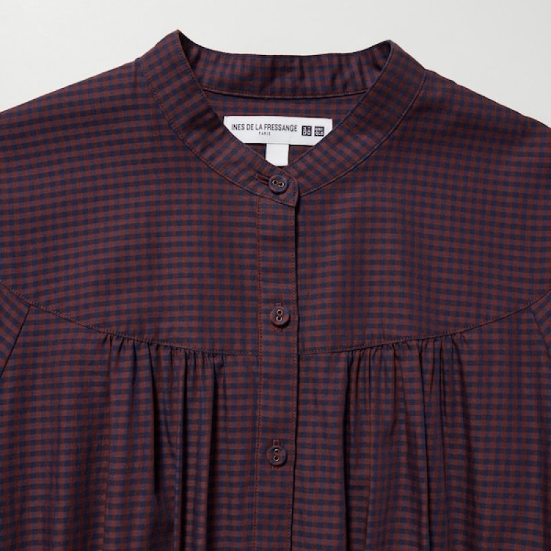 Uniqlo Bomulds Twill Checked Volume Sleeve Long Kjole Dame Brune | 1572-AOQPN