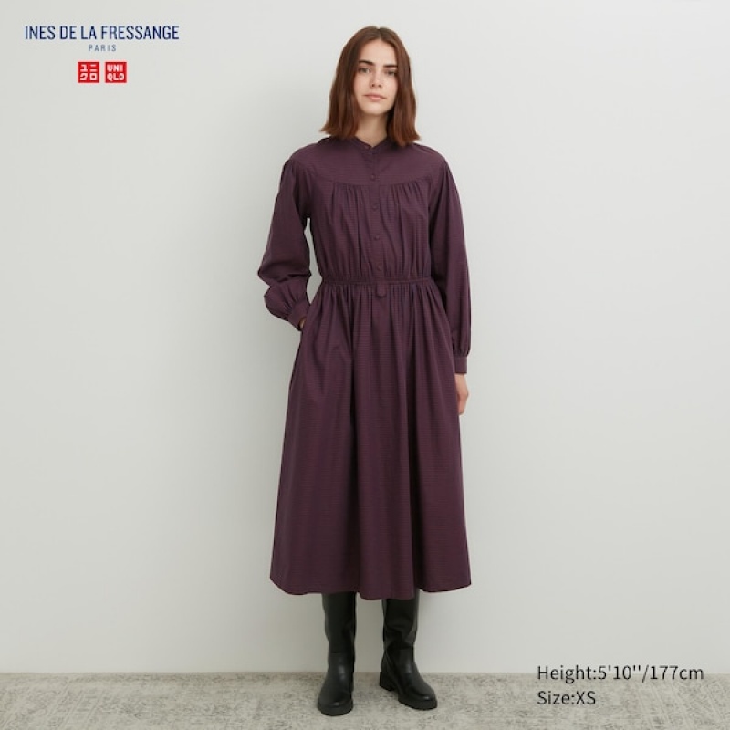 Uniqlo Bomulds Twill Checked Volume Sleeve Long Kjole Dame Brune | 1572-AOQPN