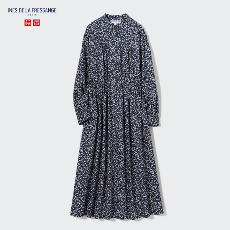 Uniqlo Bomulds Twill Printed Volume Sleeve Long Kjole Dame Blå | 8671-YNPRE