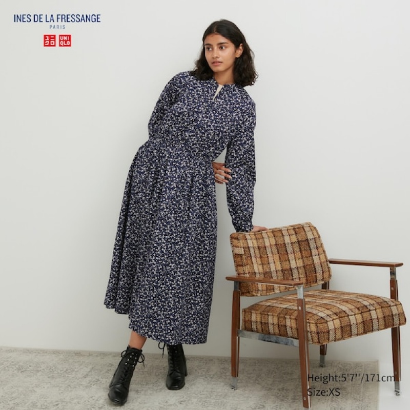 Uniqlo Bomulds Twill Printed Volume Sleeve Long Kjole Dame Blå | 8671-YNPRE