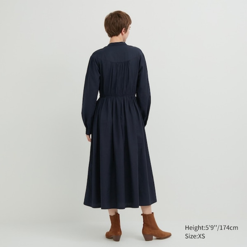 Uniqlo Bomulds Twill Volume Sleeve Long Kjole Dame Mørkeblå | 0958-BIMTV