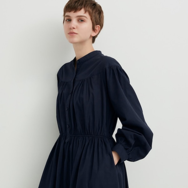 Uniqlo Bomulds Twill Volume Sleeve Long Kjole Dame Mørkeblå | 0958-BIMTV