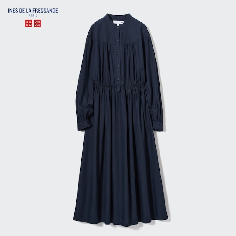 Uniqlo Bomulds Twill Volume Sleeve Long Kjole Dame Mørkeblå | 0958-BIMTV