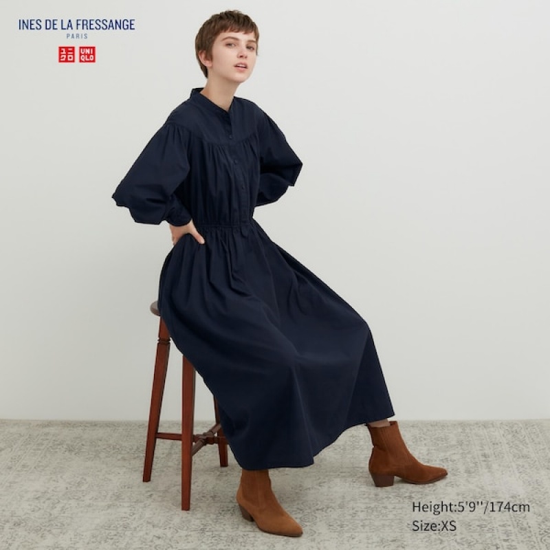 Uniqlo Bomulds Twill Volume Sleeve Long Kjole Dame Mørkeblå | 0958-BIMTV