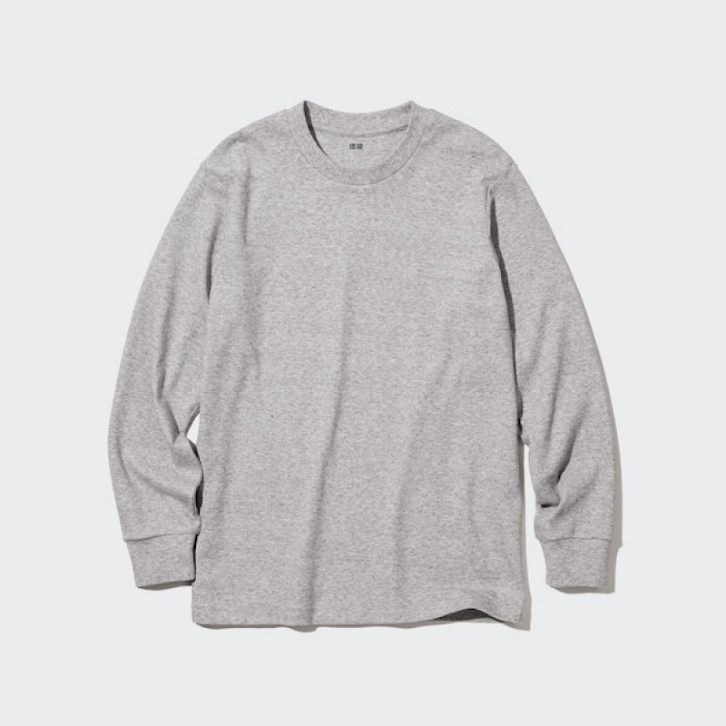 Uniqlo Brushed Bomulds Crew Neck Long-Sleeve T Shirts Herre Grå | 6509-EUYNP