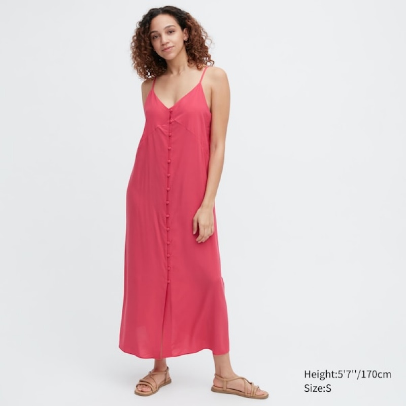 Uniqlo Button Down Camisole Flare Kjole Dame Lyserød | 9206-QSCEF