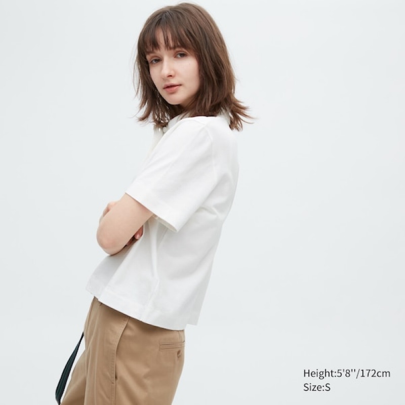 Uniqlo Cropped Relaxed Kort-Sleeve Poloshirt Dame Hvide | 8465-MOWTC