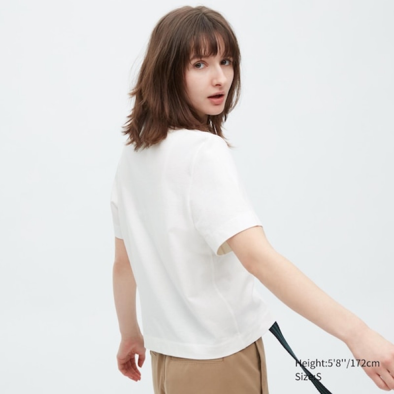 Uniqlo Cropped Relaxed Kort-Sleeve Poloshirt Dame Hvide | 8465-MOWTC