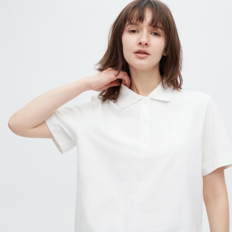 Uniqlo Cropped Relaxed Kort-Sleeve Poloshirt Dame Hvide | 8465-MOWTC