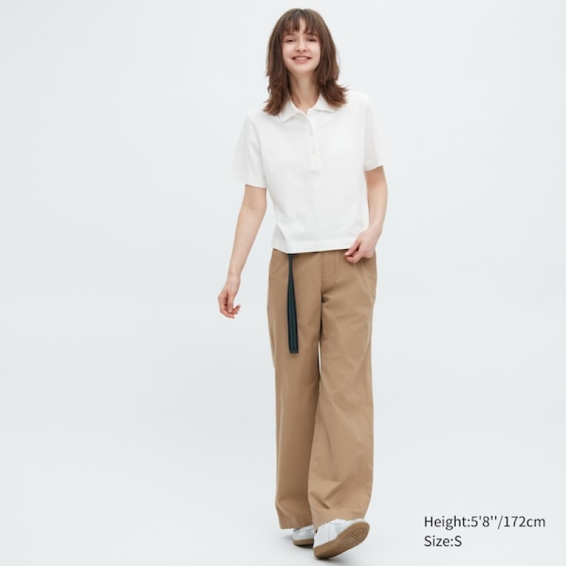 Uniqlo Cropped Relaxed Kort-Sleeve Poloshirt Dame Hvide | 8465-MOWTC