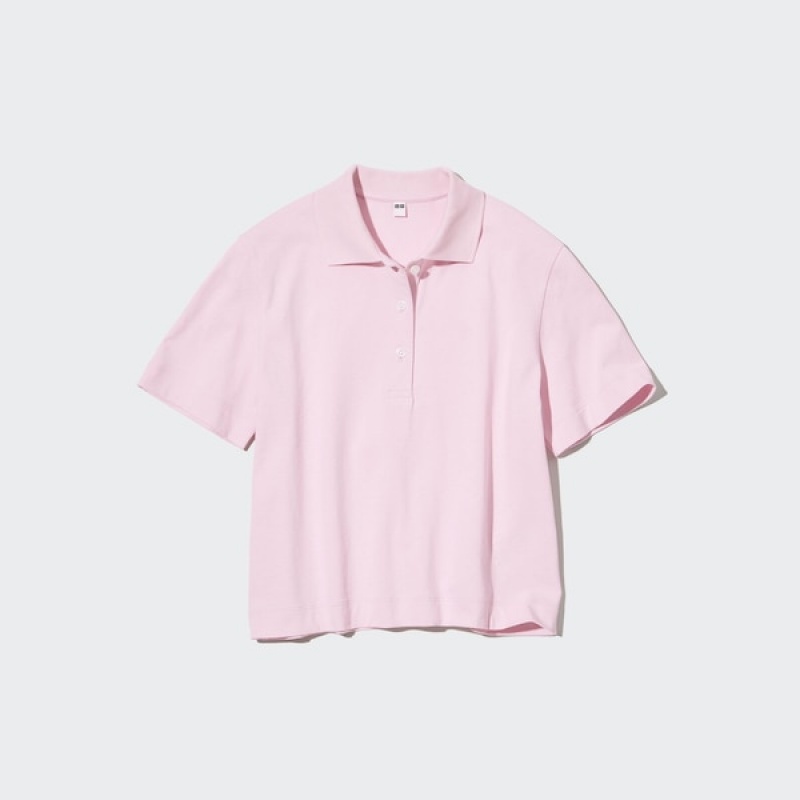 Uniqlo Cropped Relaxed Kort-Sleeve Poloshirt Dame Lyserød | 4960-SCWAL