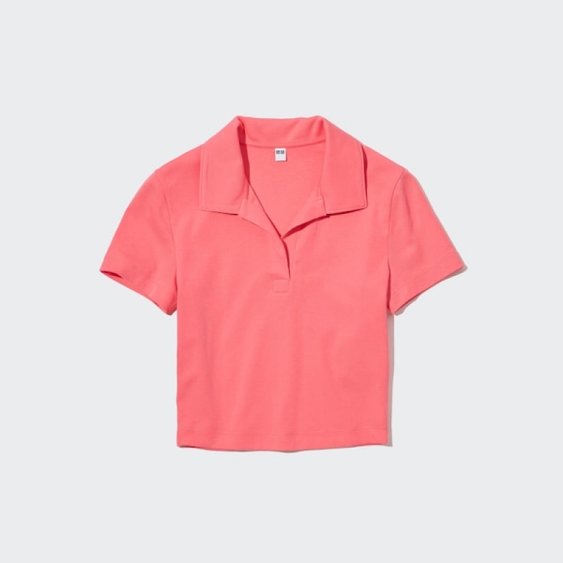 Uniqlo Cropped Skipper Kort-Sleeve Poloshirt Dame Lyserød | 1536-YZDNA