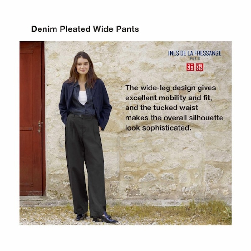 Uniqlo Denim Brede-Fit Plisseret Bukser Dame Sort | 1059-RHQJU