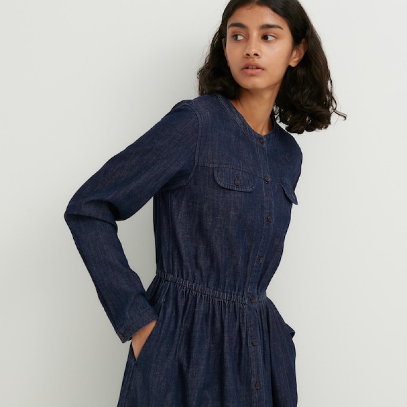 Uniqlo Denim Long-Sleeve Kjole Dame Mørkeblå | 1602-MNCHY