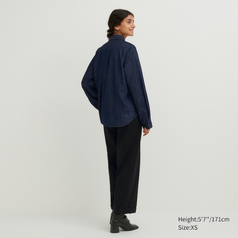 Uniqlo Denim Long-Sleeve Skjorte Dame Mørkeblå | 0592-LDWEA