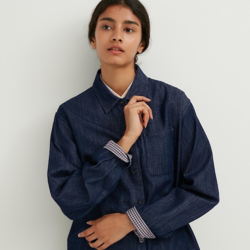 Uniqlo Denim Long-Sleeve Skjorte Dame Mørkeblå | 0592-LDWEA