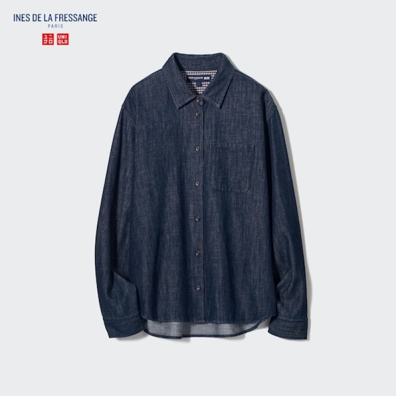 Uniqlo Denim Long-Sleeve Skjorte Dame Mørkeblå | 0592-LDWEA