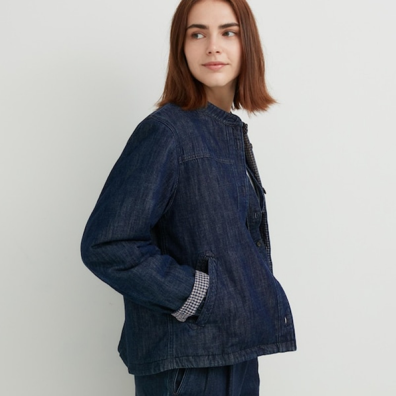 Uniqlo Denim Polstret Shirt jackets Dame Mørkeblå | 5623-OZPLT