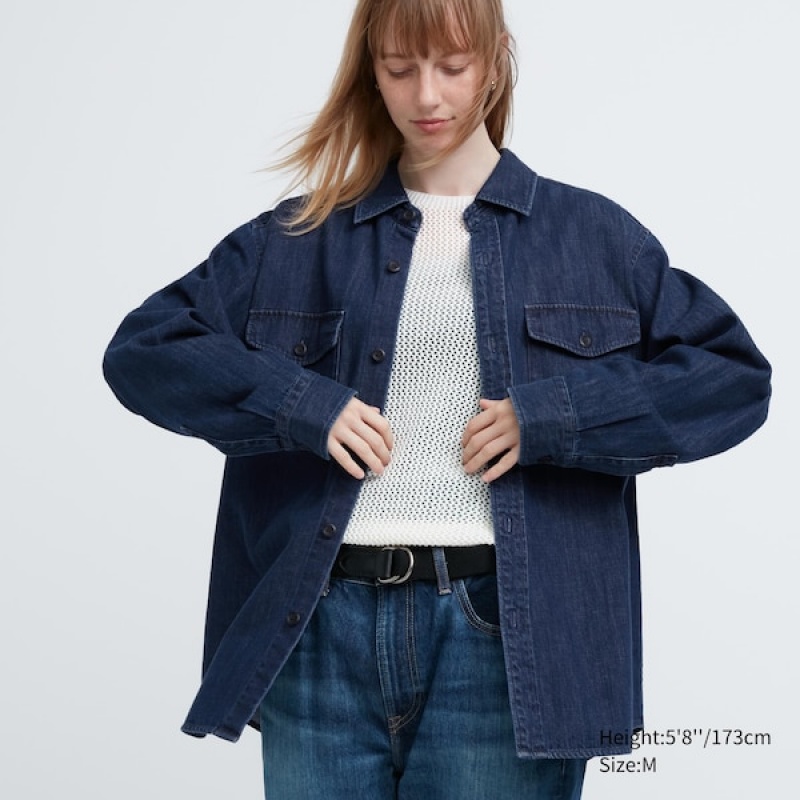 Uniqlo Denim Utility Long-Sleeve Overshirt Skjorte Dame Blå | 1054-EDCJB