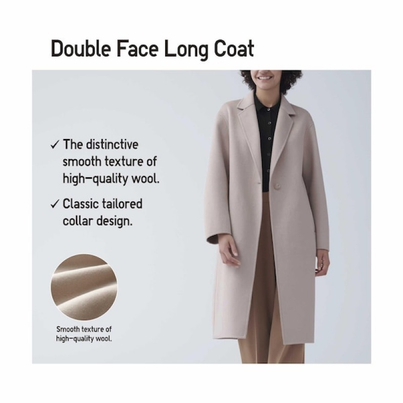 Uniqlo Double Face Long Frakker Dame Beige | 3567-ARSOH