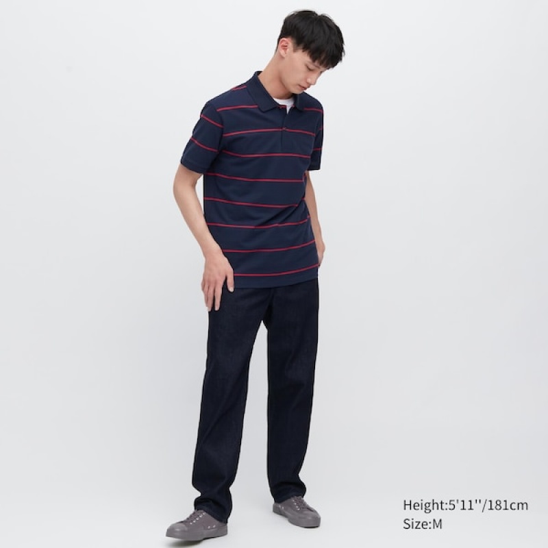 Uniqlo Dry Pique Stribet Kort-Sleeve Poloshirt Herre Mørkeblå | 2409-YCGLE