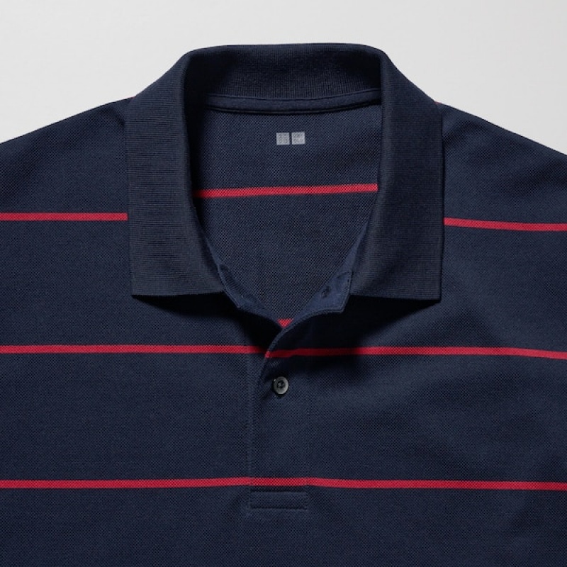 Uniqlo Dry Pique Stribet Kort-Sleeve Poloshirt Herre Mørkeblå | 2409-YCGLE