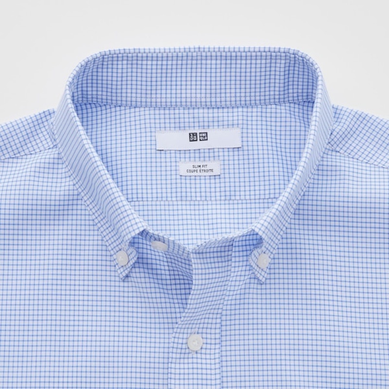 Uniqlo Easy Care Checked Stretch Slim-Fit Long-Sleeve Skjorte Herre Blå | 9760-UMDAW