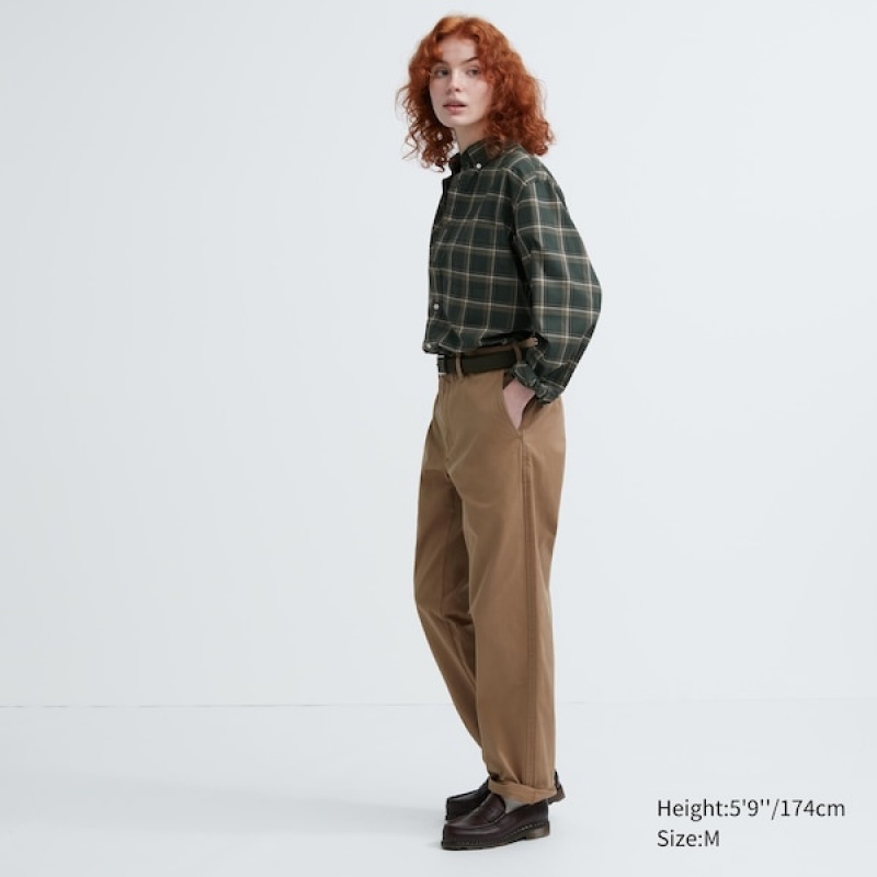 Uniqlo Extra Fine Bomulds Broadcloth Checked Long-Sleeve Skjorte Dame Olivengrøn | 6029-JQRWI