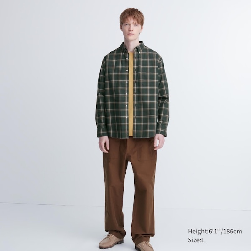 Uniqlo Extra Fine Bomulds Broadcloth Checked Long-Sleeve Skjorte Dame Olivengrøn | 6029-JQRWI