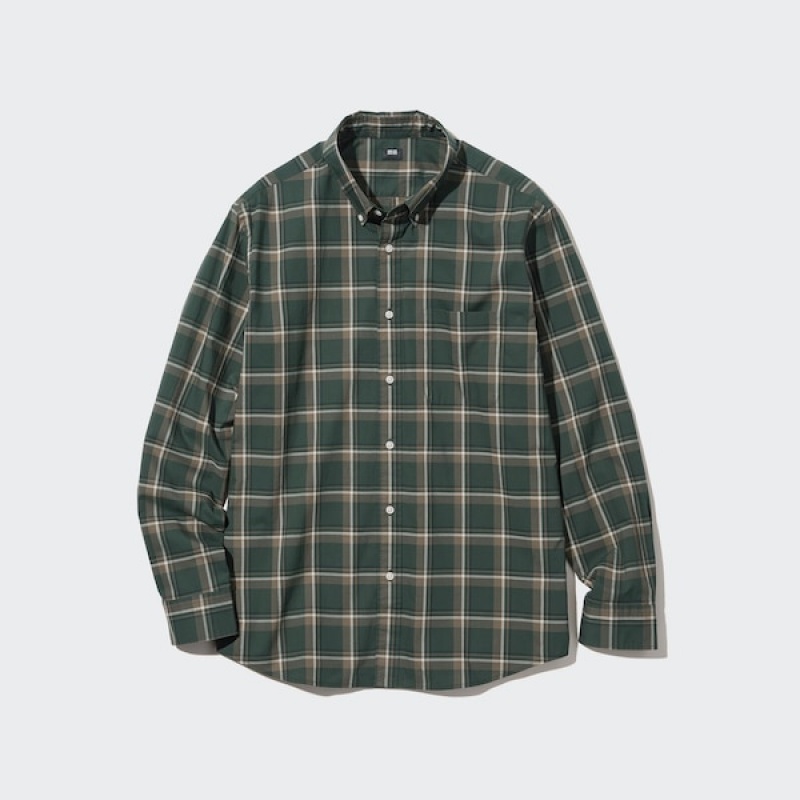 Uniqlo Extra Fine Bomulds Broadcloth Checked Long-Sleeve Skjorte Dame Olivengrøn | 6029-JQRWI