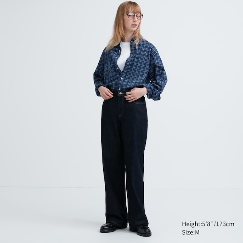 Uniqlo Extra Fine Bomulds Broadcloth Checked Long-Sleeve Skjorte Dame Blå | 0159-YLHKQ