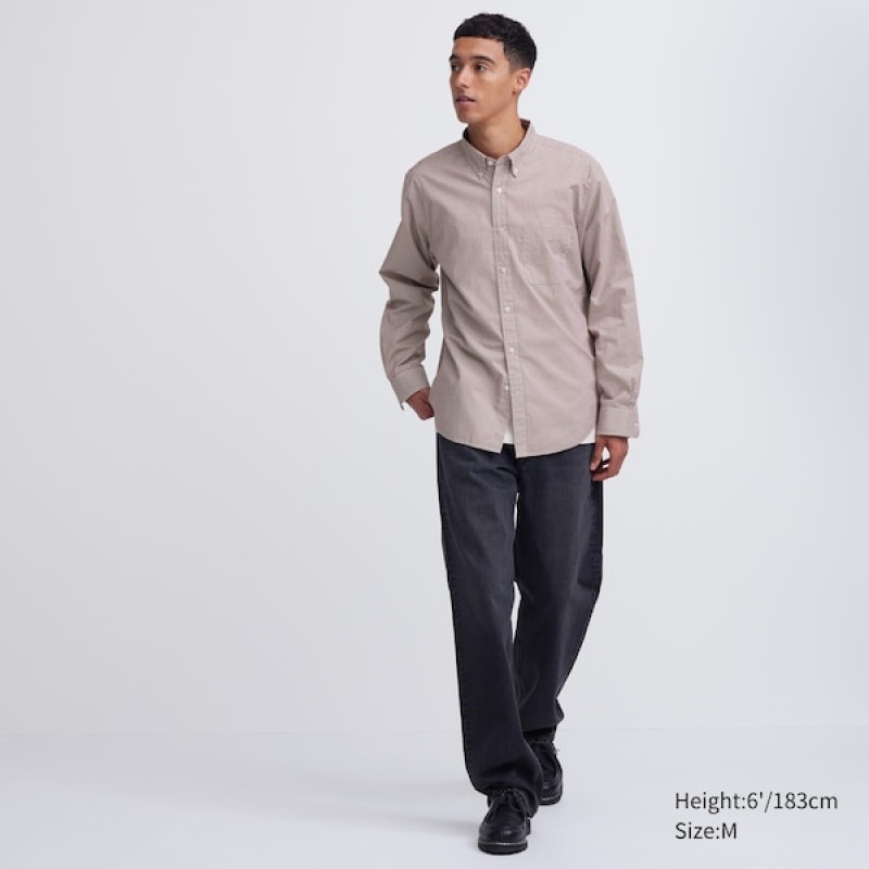 Uniqlo Extra Fine Bomulds Broadcloth Checked Long-Sleeve Skjorte Herre Brune | 2657-HVGMT