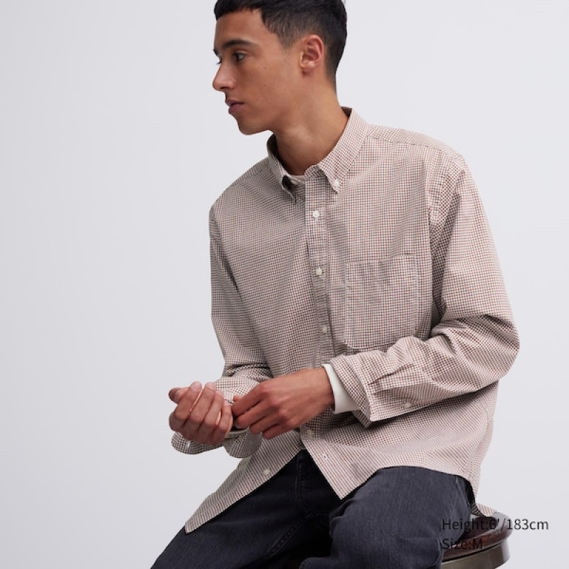 Uniqlo Extra Fine Bomulds Broadcloth Checked Long-Sleeve Skjorte Herre Brune | 2657-HVGMT