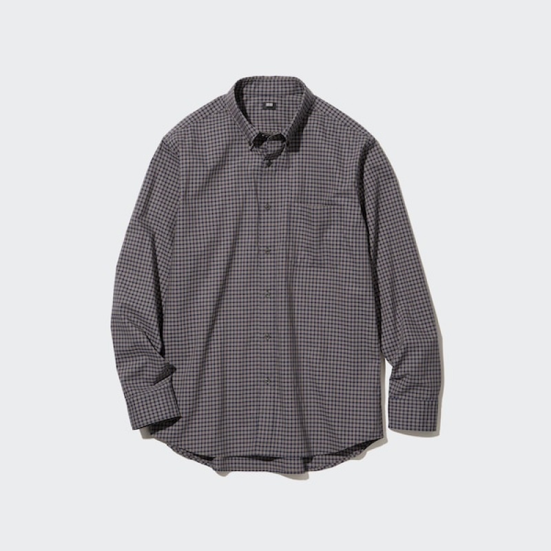 Uniqlo Extra Fine Bomulds Broadcloth Checked Long-Sleeve Skjorte Herre Brune | 9807-VLFPW