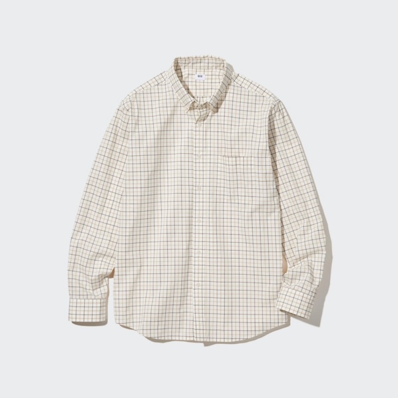 Uniqlo Extra Fine Bomulds Broadcloth Checked Long-Sleeve Skjorte Herre Hvide | 8172-TSVUK