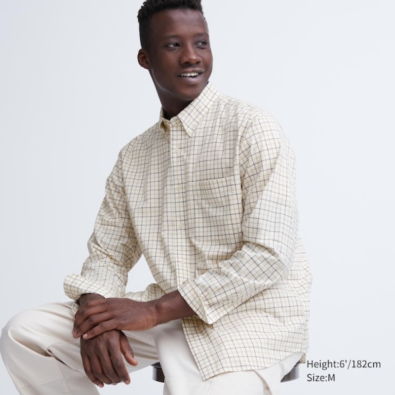 Uniqlo Extra Fine Bomulds Broadcloth Checked Long-Sleeve Skjorte Herre Hvide | 8172-TSVUK