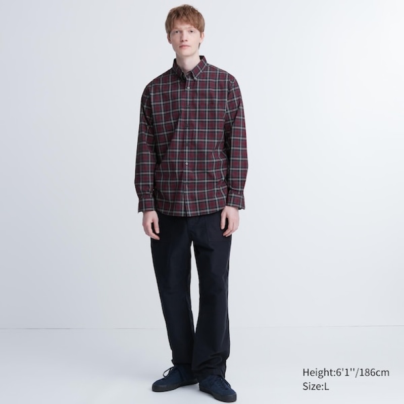 Uniqlo Extra Fine Bomulds Broadcloth Checked Long-Sleeve Skjorte Herre Bordeaux | 9014-UAIET