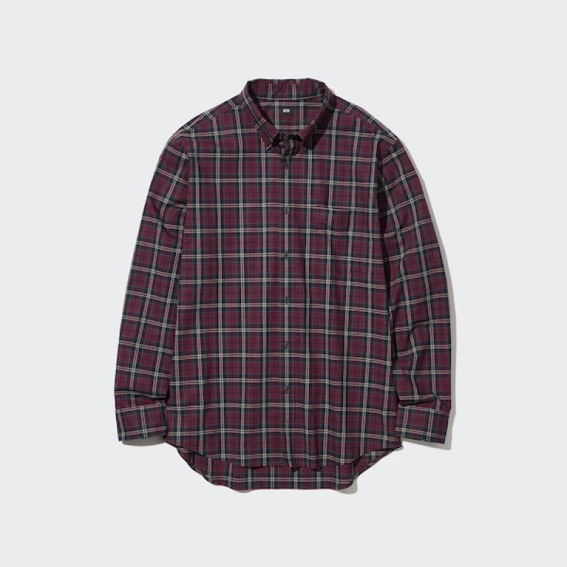 Uniqlo Extra Fine Bomulds Broadcloth Checked Long-Sleeve Skjorte Herre Bordeaux | 9014-UAIET