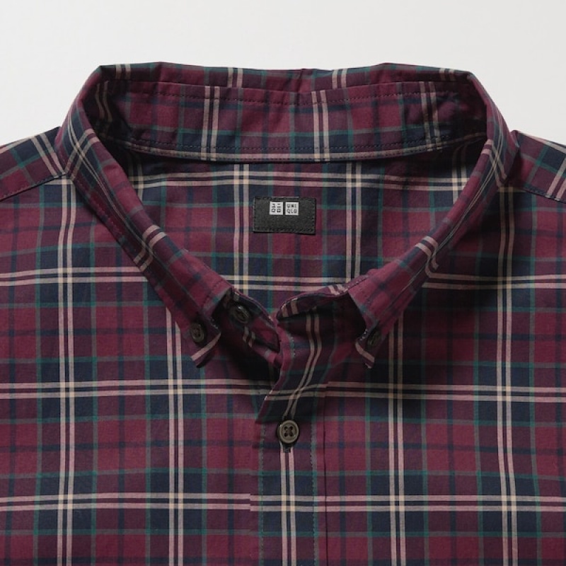 Uniqlo Extra Fine Bomulds Broadcloth Checked Long-Sleeve Skjorte Herre Bordeaux | 9014-UAIET