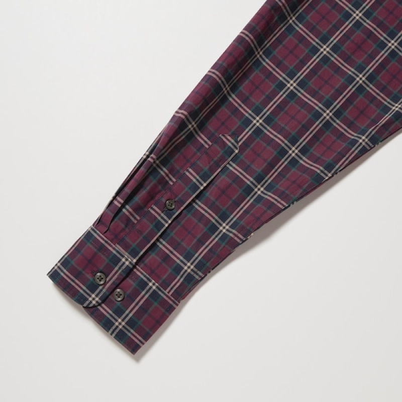 Uniqlo Extra Fine Bomulds Broadcloth Checked Long-Sleeve Skjorte Herre Bordeaux | 9014-UAIET