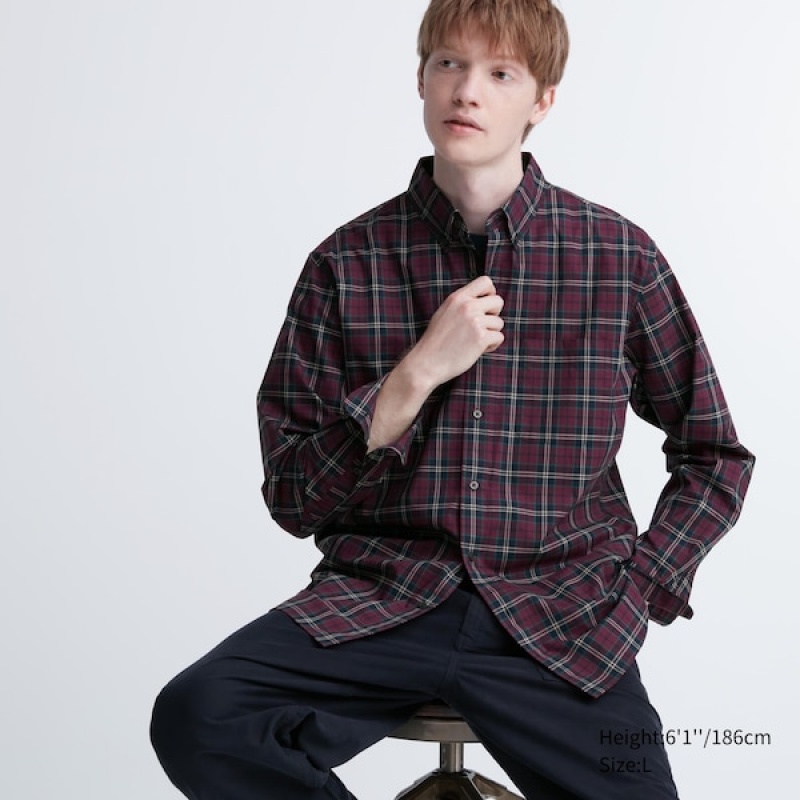 Uniqlo Extra Fine Bomulds Broadcloth Checked Long-Sleeve Skjorte Herre Bordeaux | 9014-UAIET